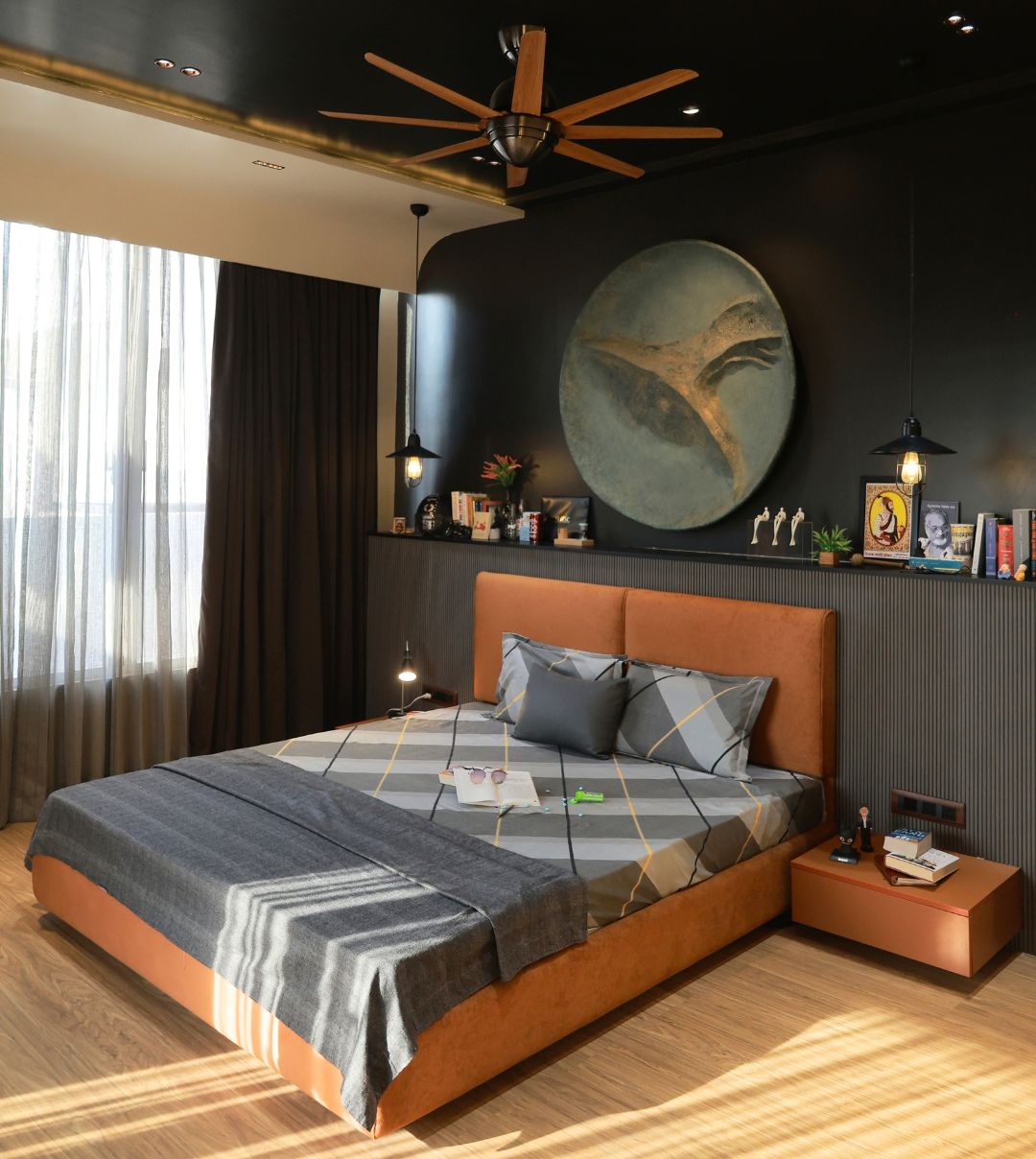 Bedroom with an orange upholstered bed
