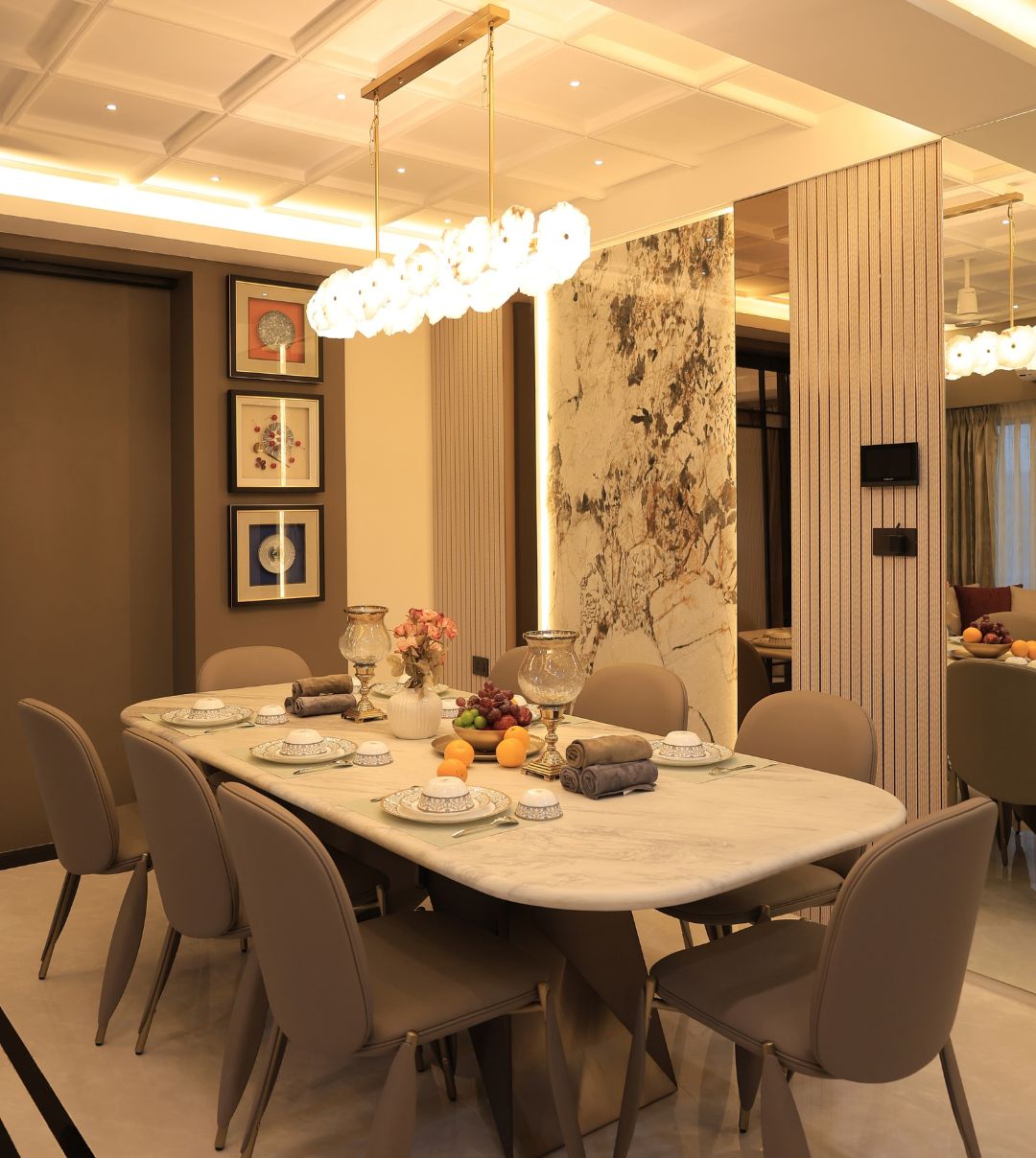 Dining room with a marble table set for a meal