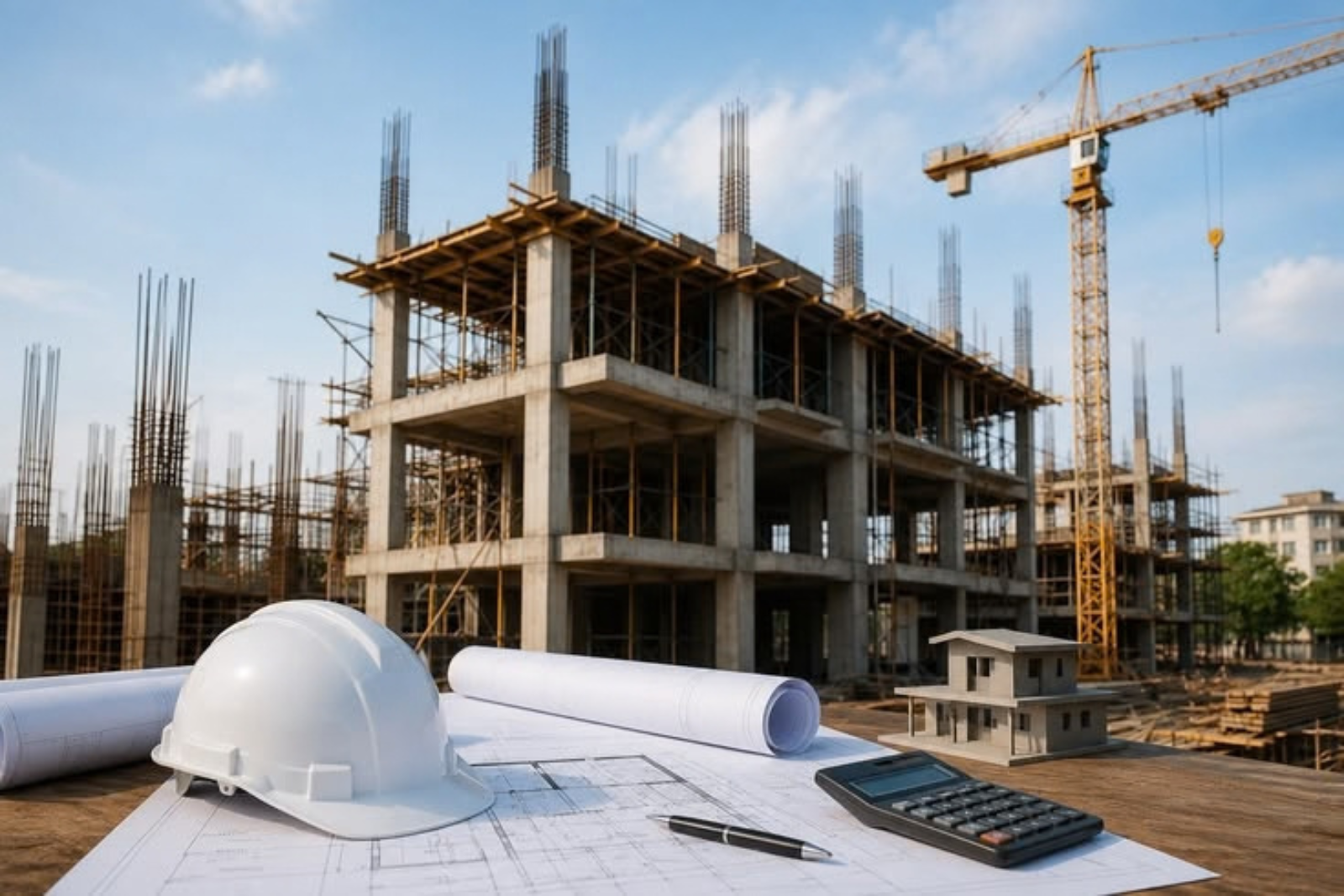 A building frame with drawings, a house model, and a tower crane